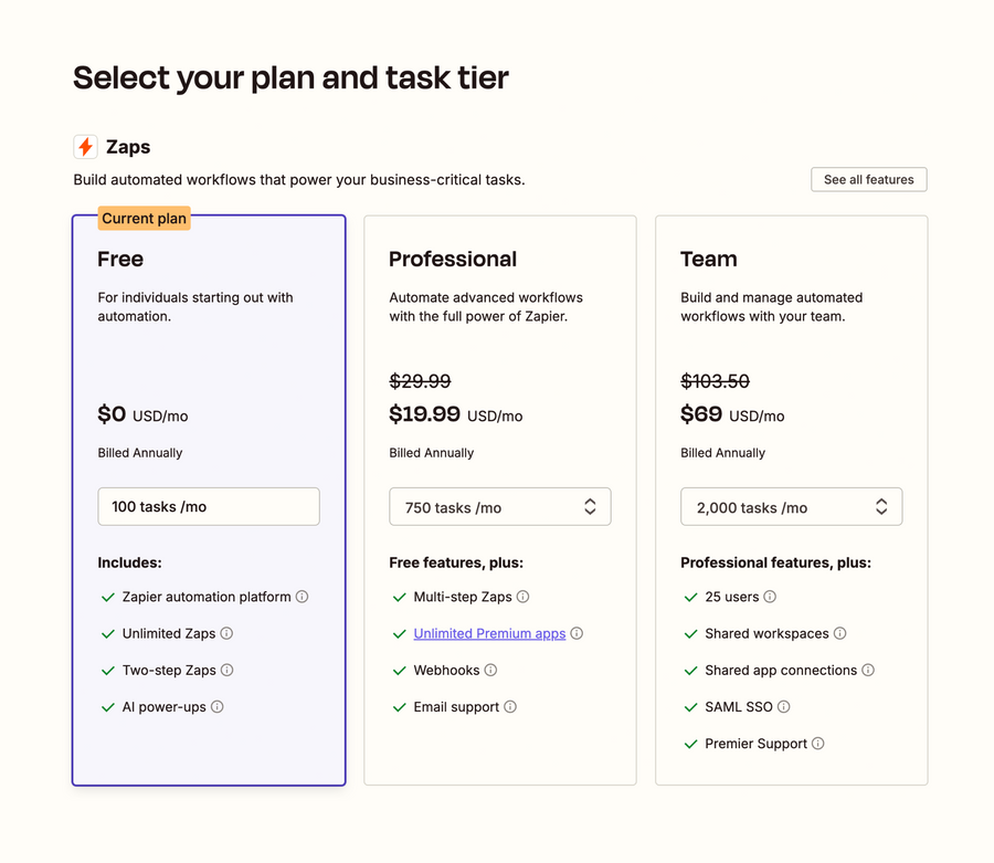 Zapier
			automation task management plan comparison ui component