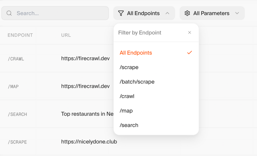 Firecrawl
				sorting & filtering ui component