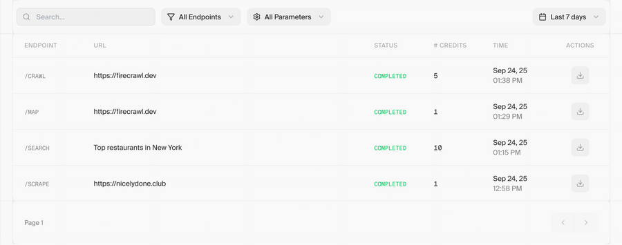 Firecrawl
			search bar data management table pagination ui component
