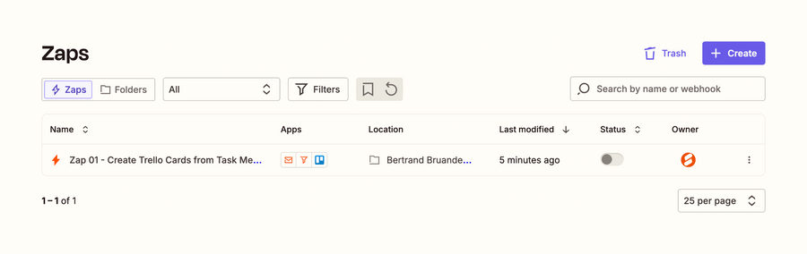 Zapier
			automation table task management data display ui component
