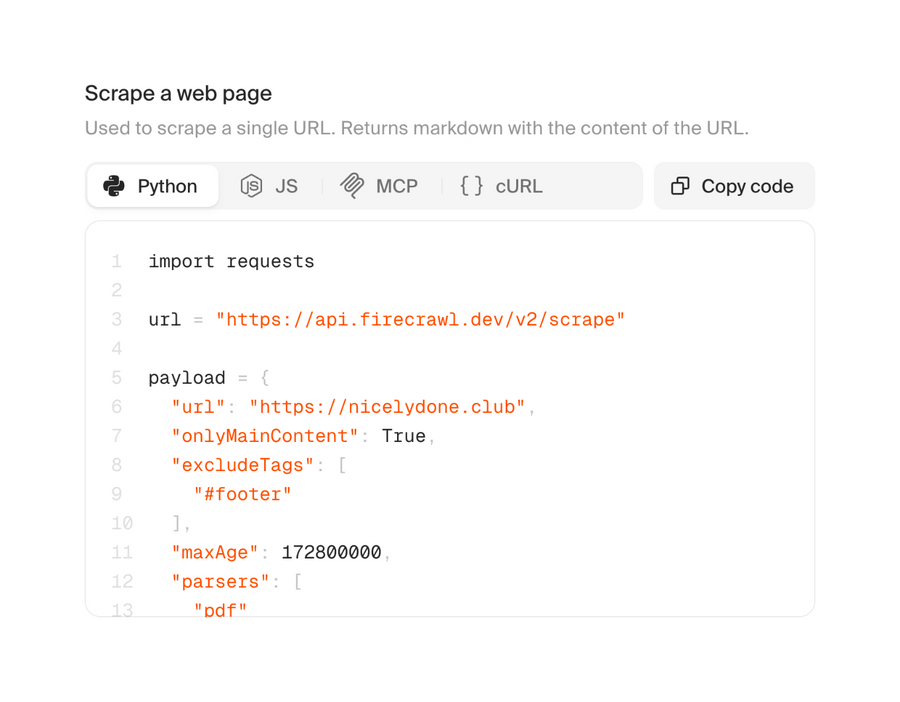 Firecrawl
				code block ui component