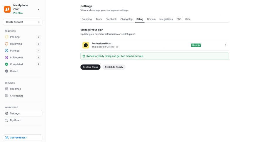 UserJot
			settings plans & pricing (in app) billing billing settings settings subscription management sidebar ui page example