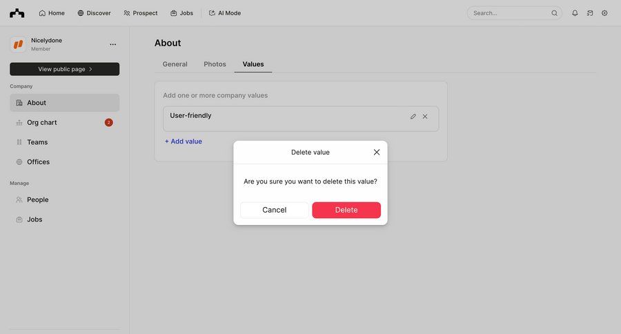 The org
			settings modal & popover company about & company mission delete configuration settings form delete account setup confirmation modal dialog confirmation screen ui page example