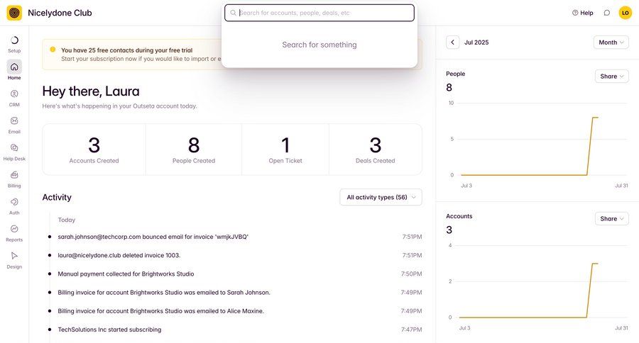 Outseta
			search modal & popover dashboard sidebar navigation onboarding activity tracking dropdown filters menu data visualization monitoring ui page example