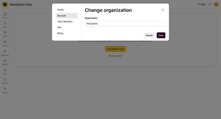 Outseta
			 settings sidebar navigation account management form account settings profile management save changes organization settings ui page example