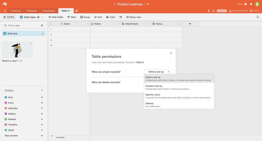 Airtable selecting user levels screen example