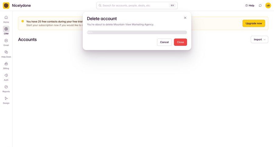 Outseta
			 sidebar navigation account management account settings account deletion full-screen layout cancel deletion progress bar ui page example