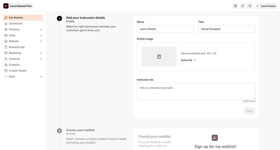 Kajabi
			 sidebar navigation onboarding form account setup file upload profile management sidebar user profile setup on boarding upload file modern profile creation ui page example