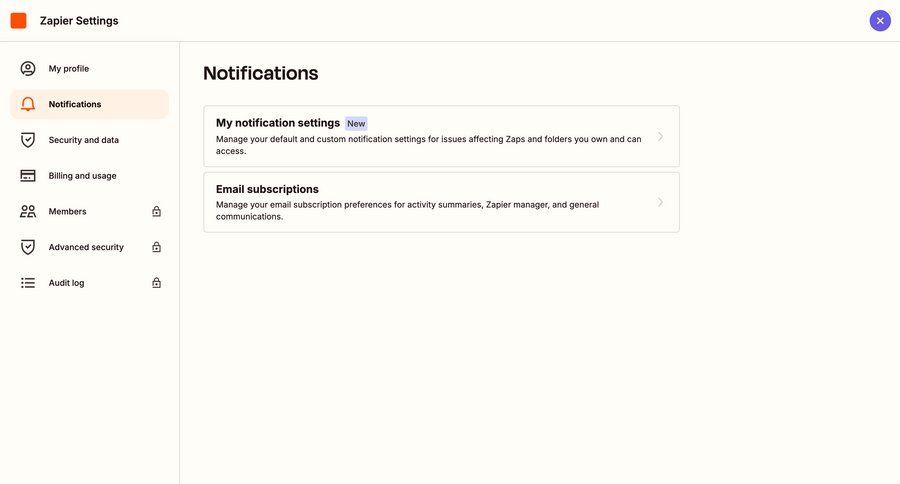 Zapier
			 configuration settings sidebar navigation notification management email sidebar preferences ui page example