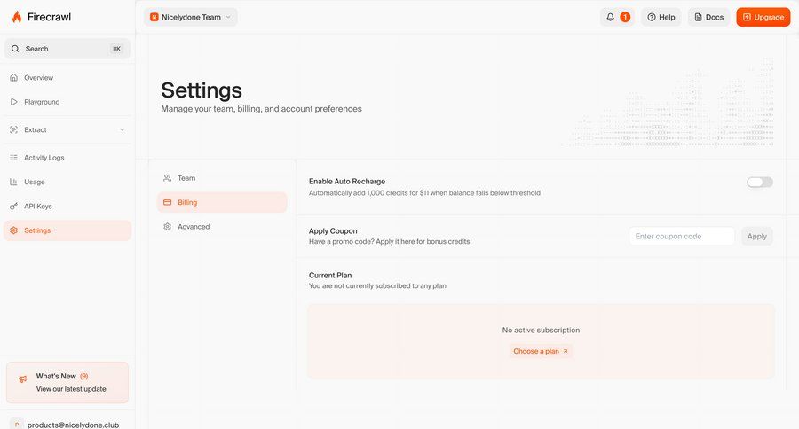 Firecrawl
			settings upgrade your account billing billing settings settings account management form account settings ui page example