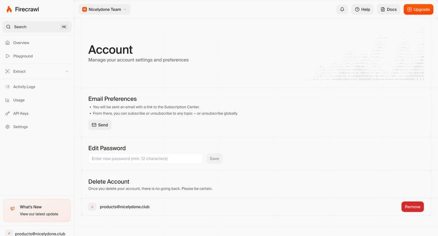 Firecrawl
			 settings sidebar navigation account management form account settings account deletion password management user profile ui page example