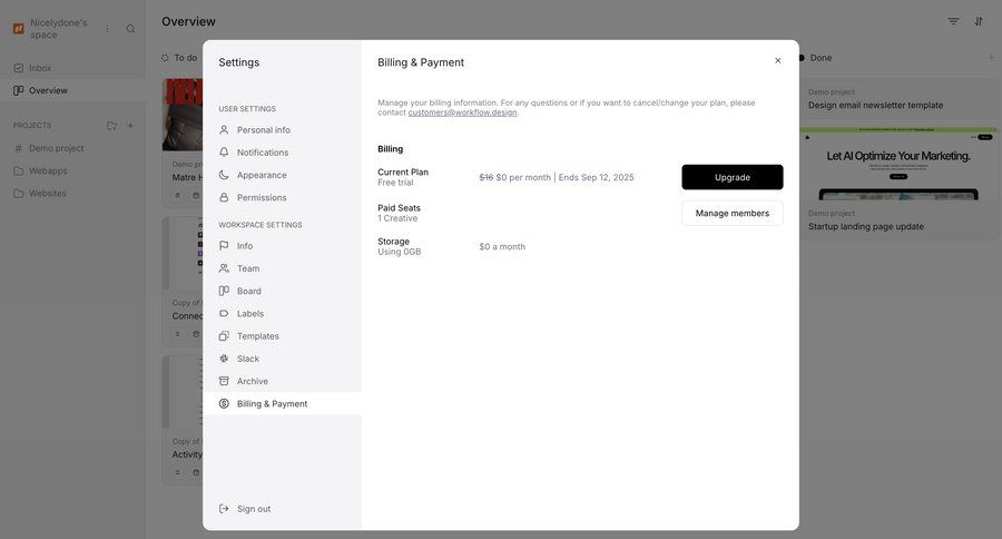 Workflow
			settings plans & pricing (in app) billing settings user settings workspace settings ui page example