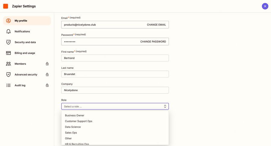 Zapier
			 settings account management onboarding form account setup profile management full screen modal sidebar user profile ui page example