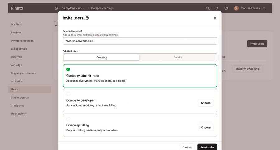 Kinsta
			 settings user management form access control user invitation ui page example