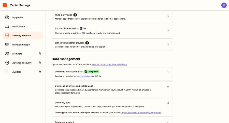Zapier
			 data management configuration settings account management progress indicator account security account settings account deletion full-screen layout hierarchical navigation sidebar ui page example