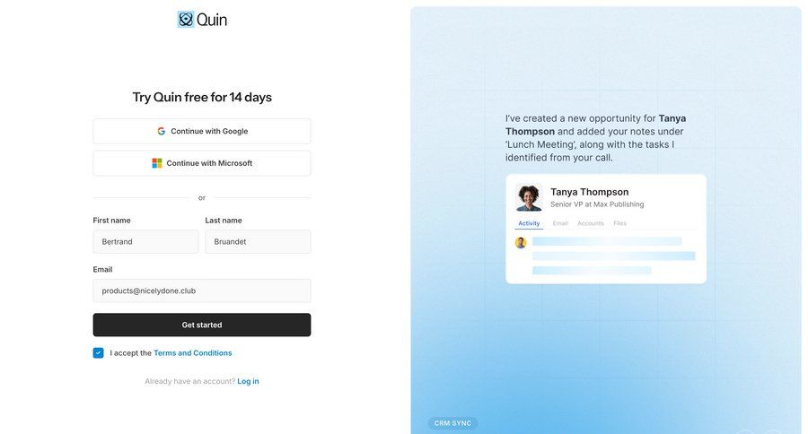 Quin
				signup page example