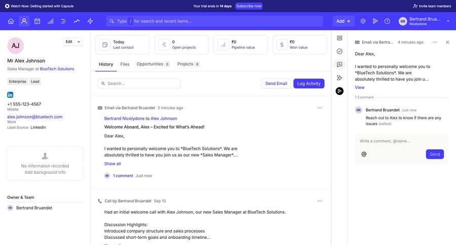 Capsule
			 activity tracking email communication activity stream ui page example