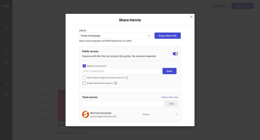 Lingo
			 collaboration settings form share modal access control permission management ui page example