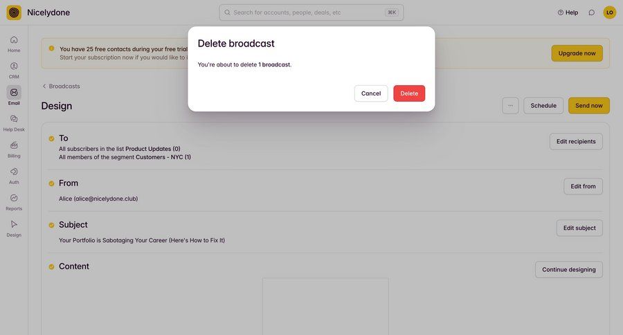 Outseta
			 content management sidebar navigation delete confirmation confirmation screen email ui page example
