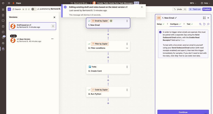 Zapier
			 configuration workflow automation workflow creation workflow configuration workflow steps workflow editor integration progress version control ui page example