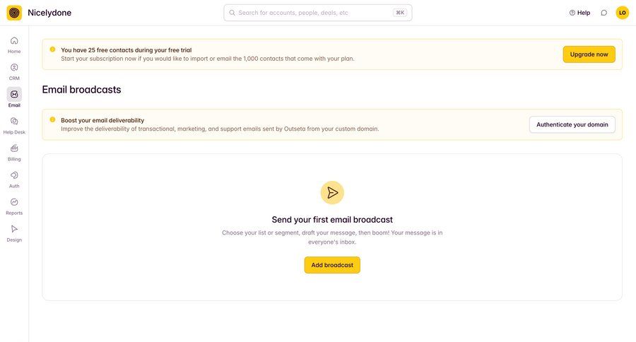 Outseta
			 dashboard sidebar navigation account management onboarding compose email call to action sidebar alert ui page example