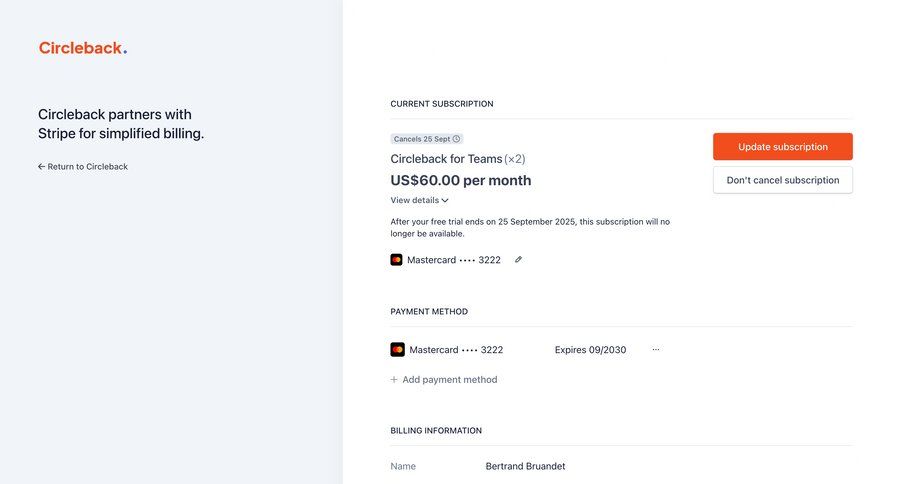 Circleback
			plans & pricing (in app) upgrade your account billing account settings settings e-commerce account management form subscription management payment method ui page example