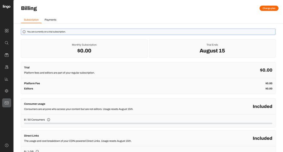 Lingo
			 dashboard account management account settings subscription management full-screen layout payment history alert ui page example