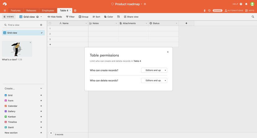 Airtable defining creation permissions screen example