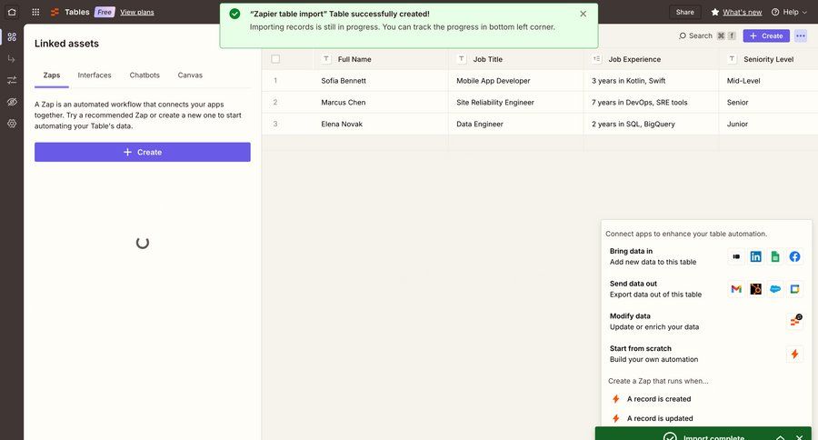 Zapier
			 data management grid workflow automation data export progress indicator exporting data full-screen layout automation setup data import integration progress bar table importing data ui page example