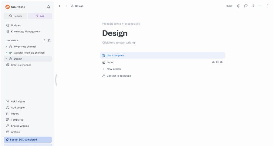 Slite
			 collaboration sidebar navigation editor document creation create menu ui page example