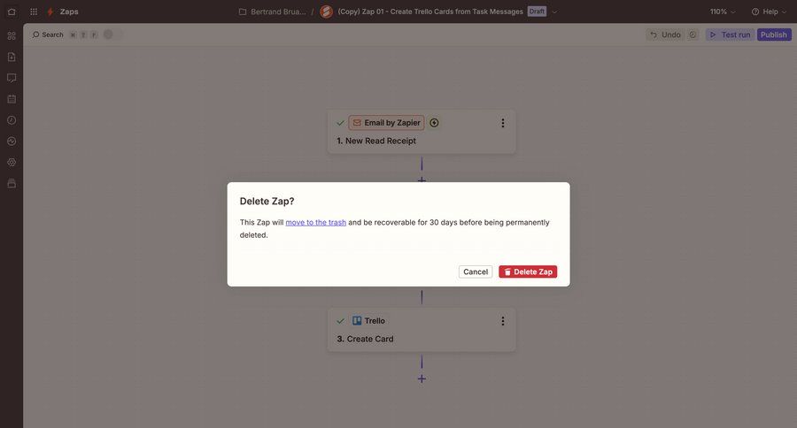 Zapier
			 modal screen configuration grid workflow automation delete workflow management confirmation modal dialog cancel deletion ui page example