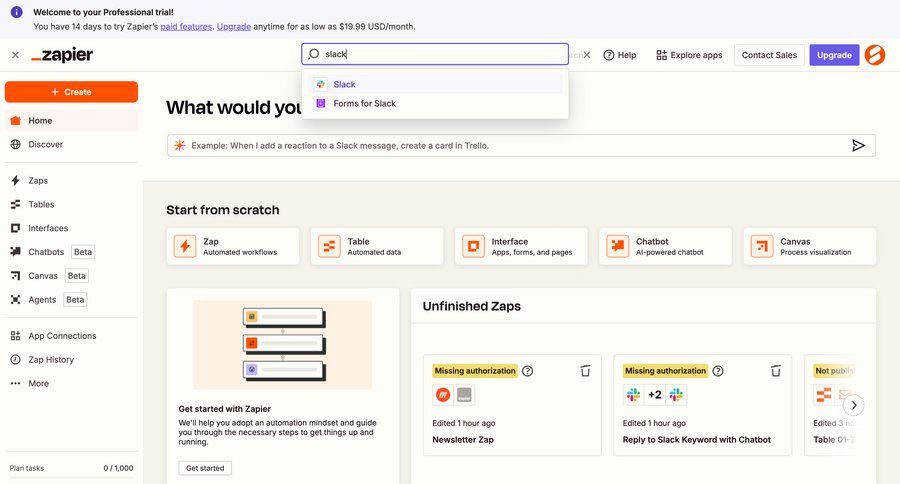 Zapier
			 dashboard sidebar navigation workflow onboarding automation workflow management templates workflow creation full-screen layout template selection sidebar lists homepage integration search bar ui page example