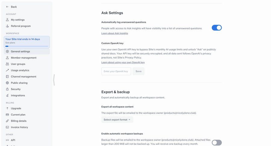 Slite
			 data management configuration settings data export workspace settings account settings ui page example