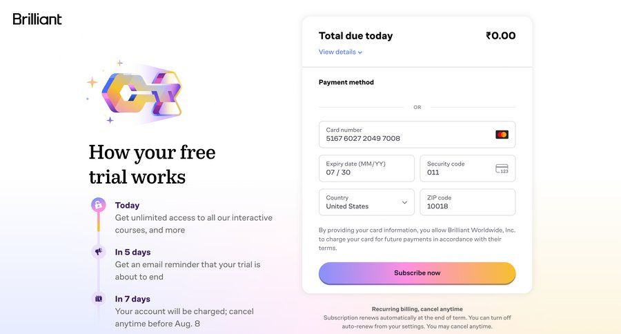 Brillant
			 e-commerce form subscription management ui page example