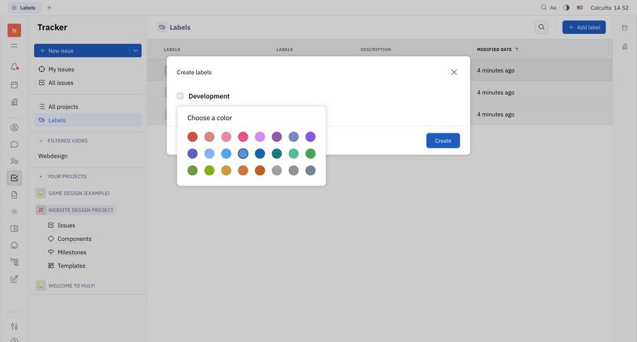 Huly
			 task management project management form color selection sidebar ui page example