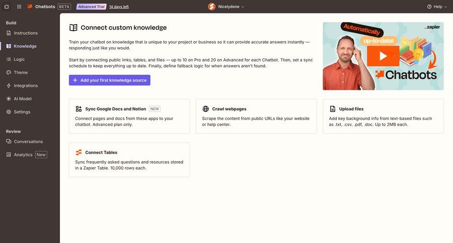 Zapier
			 configuration settings dashboard sidebar navigation onboarding full-screen layout sidebar upload file documentation ui page example