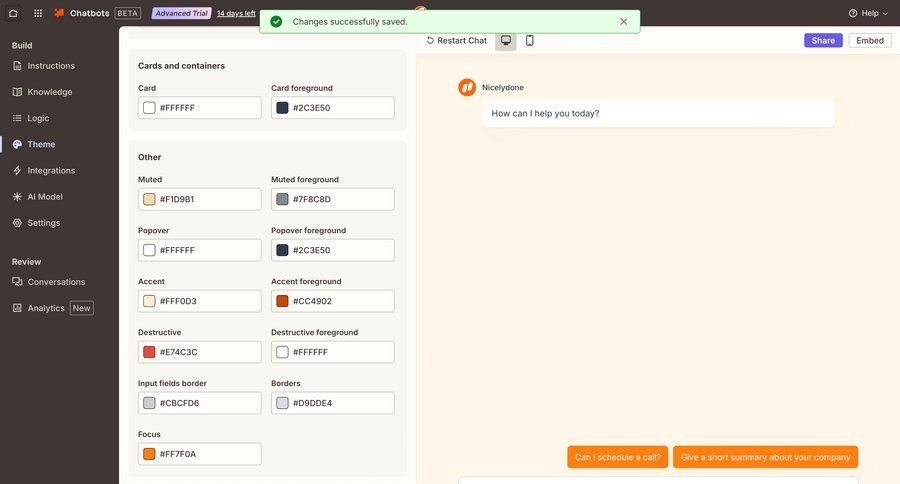 Zapier
			 configuration settings sidebar navigation grid real-time preview color selection save changes ui page example