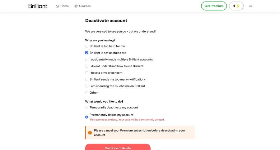Brillant
			 settings account management form confirmation account settings subscription management user feedback alert ui page example