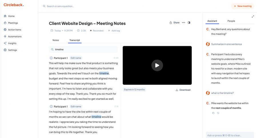 Circleback
			detail page messaging timeline collaboration project management tagging menu download review meeting transcript sharing ui page example