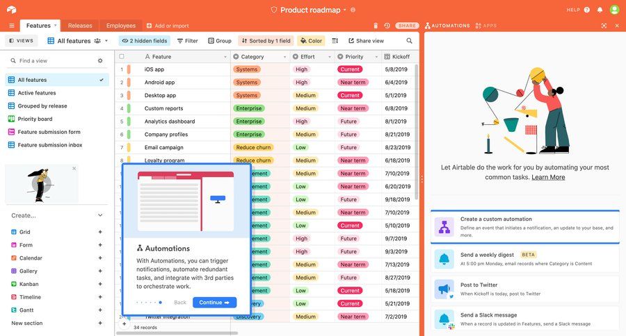 Airtable automating workflows screen example
