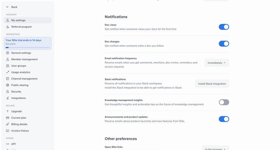 Slite
			settings account settings workspace settings notification settings settings sidebar navigation preferences integration ui page example