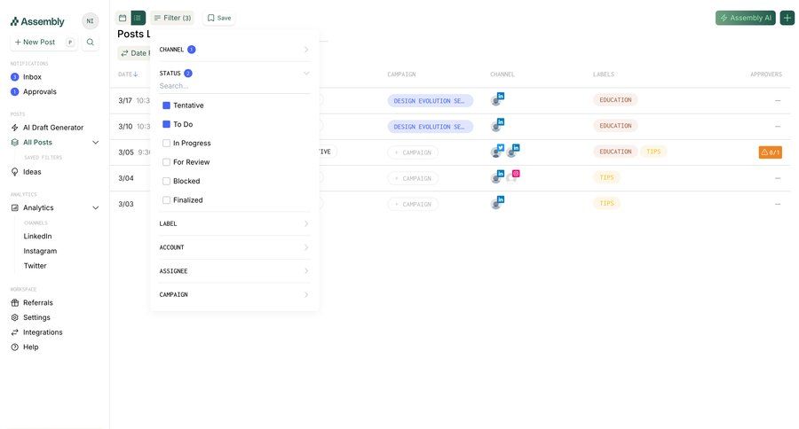 Assembly
			 content management team collaboration dashboard sidebar navigation grid workflow workflow management filter controls content scheduling dropdown filters lists menu filter dropdown table date filter controls ui page example