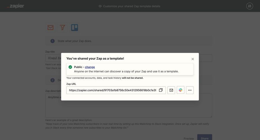 Zapier
			share modal & popover success state form automation share modal templates ui page example
