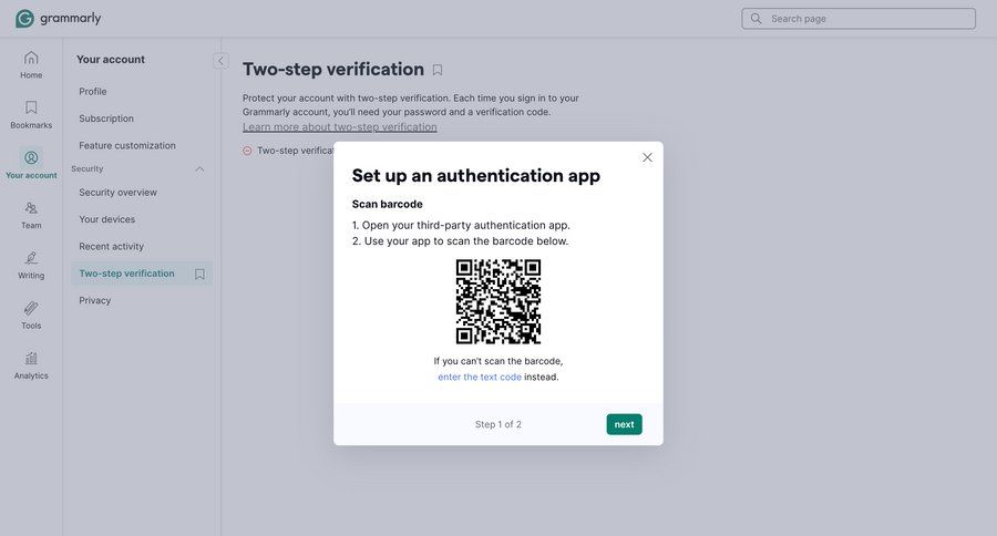 Grammarly screen example