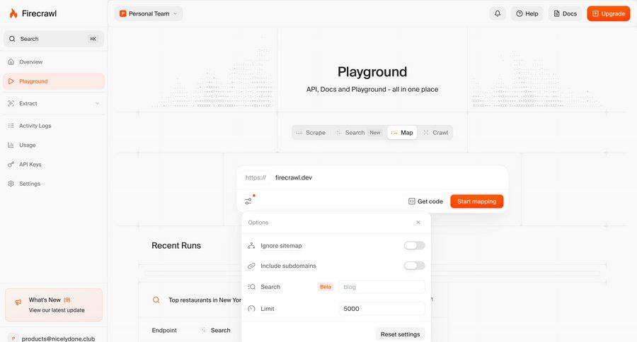 Firecrawl
			 configuration settings dashboard form automation data analysis ui page example