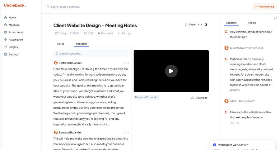 Circleback
			 collaboration full-screen layout communication menu download review meeting transcript ui page example