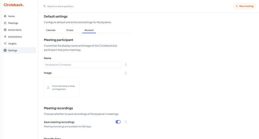 Circleback
			 configuration settings form account settings upload image ui page example