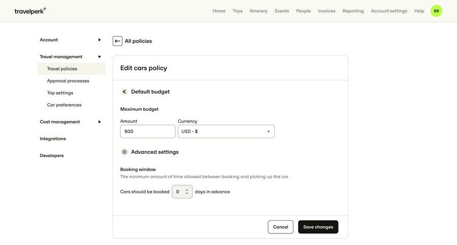 Travelperk
				settings ui page example