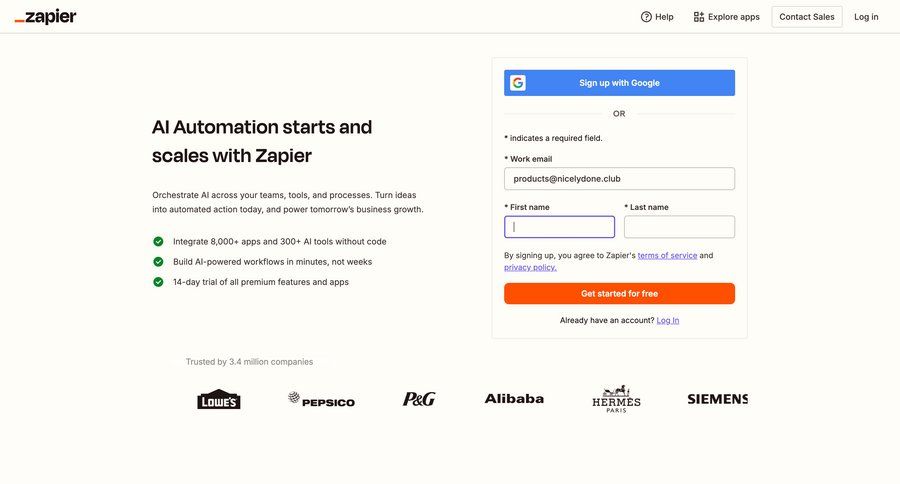 Zapier
				signup page example