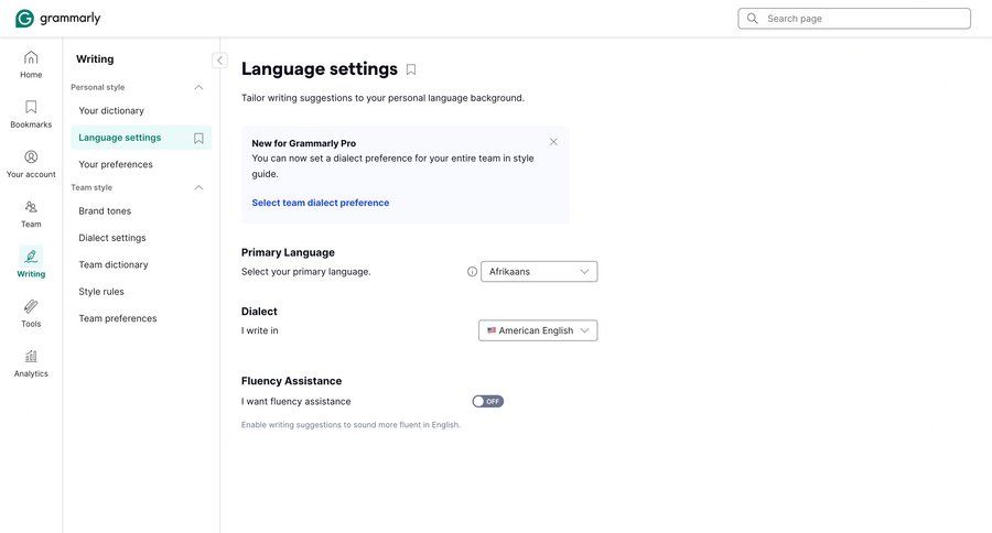 Grammarly
				settings ui page example